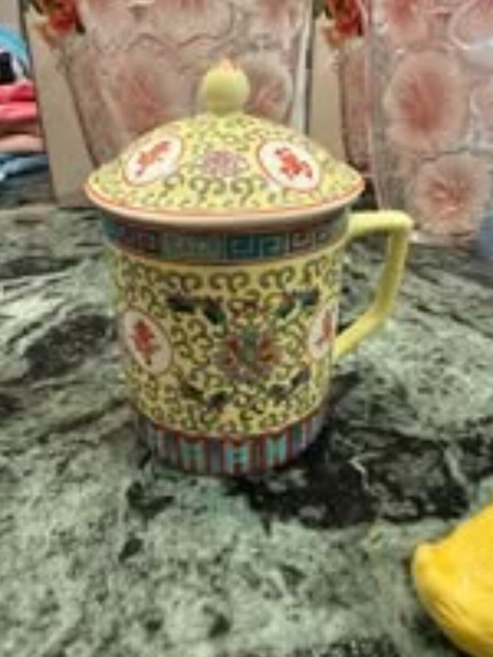 Vintage Chinese Porcelain Lidded Mug Tea Cup Famille Rose Style Chinoiserie